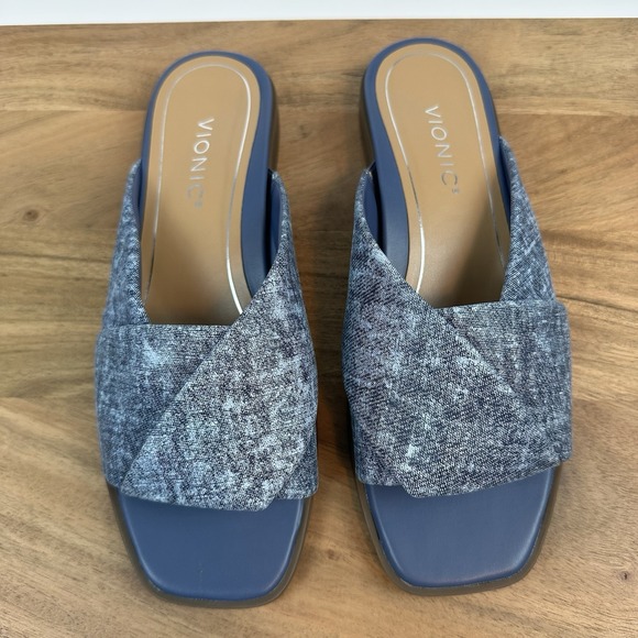 New Womens Vionic Miramar Blue Leather Slip On Slides Sandals Size 8 M - Picture 1 of 8